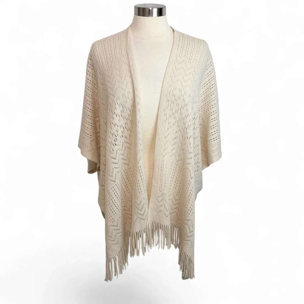 LOFT Beige Knit Boho Kimono Fringe Hem, O/S